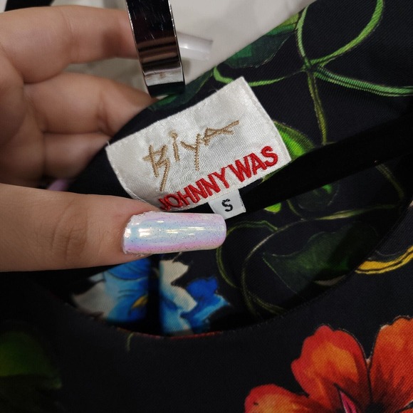 Biya Johnny Was Womens Dress Linen Black Red Blue Floral Drop Waist Shift Size S - Picture 6 of 10